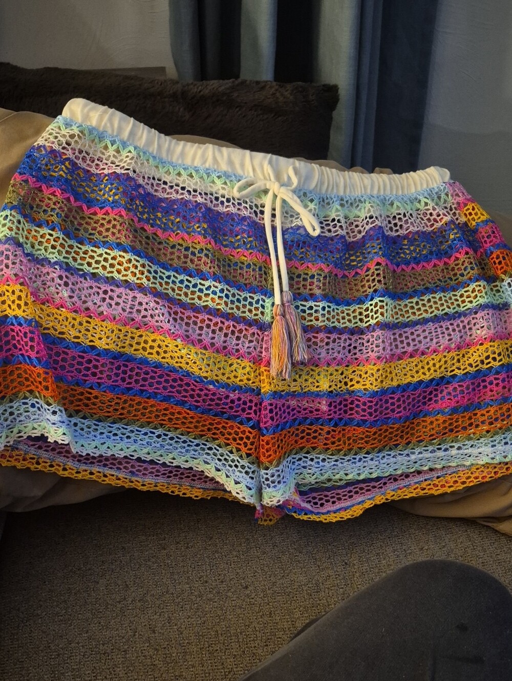 No Boundaries Crochet Shorts Coverup Women's Size Large Stripe Multi Color